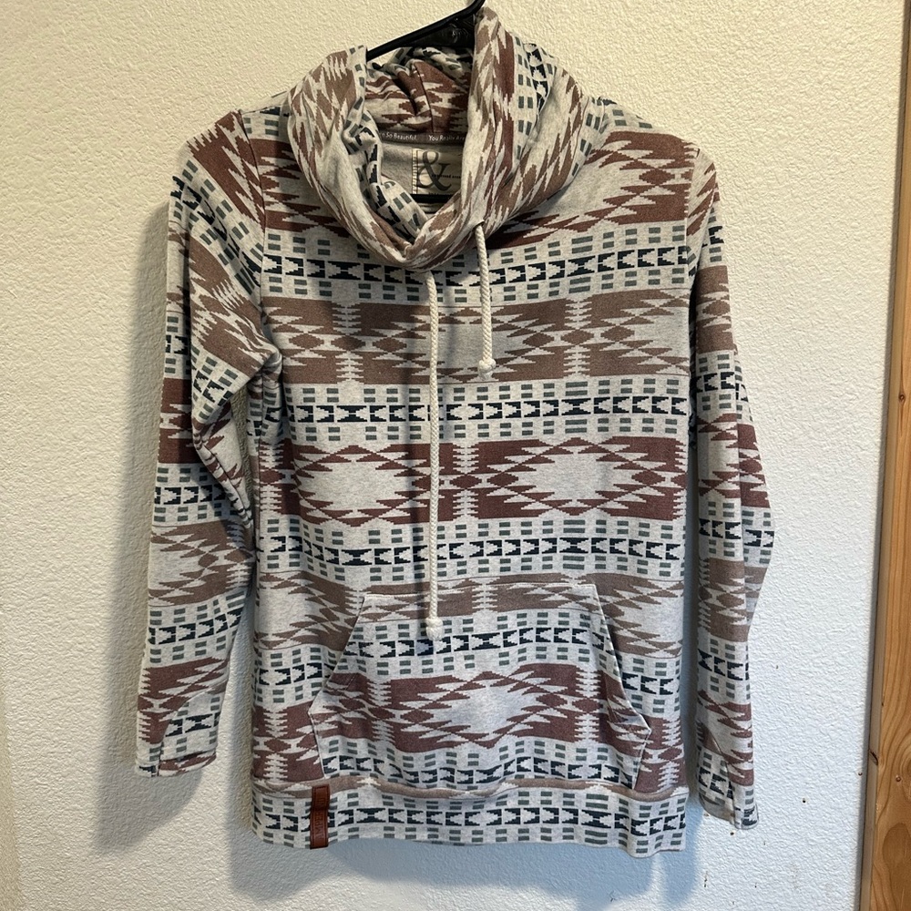 Ampersand Cowl Neck sweatshirt with Kangaroo pocket. Aztec design, size small